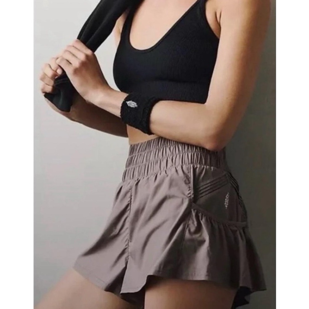 Free People Movement Get Your Flirt On Shorts XS Taupe Smocked Waist Activewear